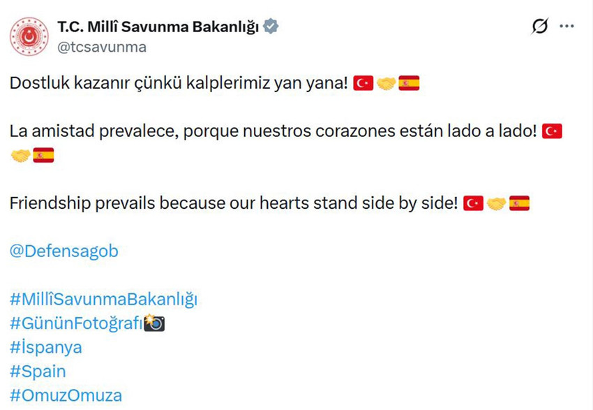Sosyal medyada T&uuml;rk ve İspanyol kullanıcılar arasında karşılıklı sevgili seli devam ederken Milli Savunma Bakanlığı bu dostluğu ta&ccedil;landıran bir kare paylaştı. T&uuml;rk ve İspanyol askerlerinin aynı mevzide nişan aldığı fotoğraf, ''