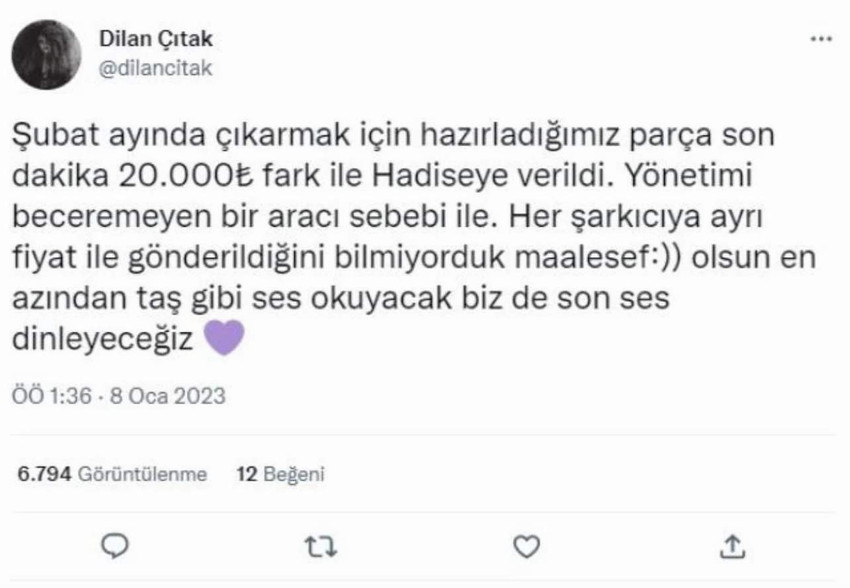 Şarkıcı İbrahim Tatlıses'in kızı Dilan Çıtak, şarkıyı Hadise'yi kaptırınca Twitter'dan dikkat çeken bir paylaşım yaptı.