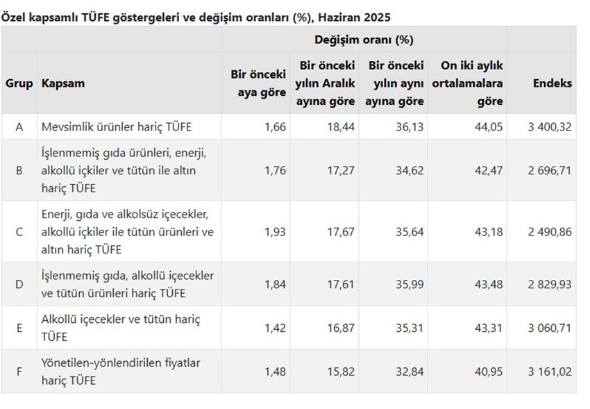 Özel kapsamlı TÜFE göstergeleri ve değişim oranları (%), Haziran 2025