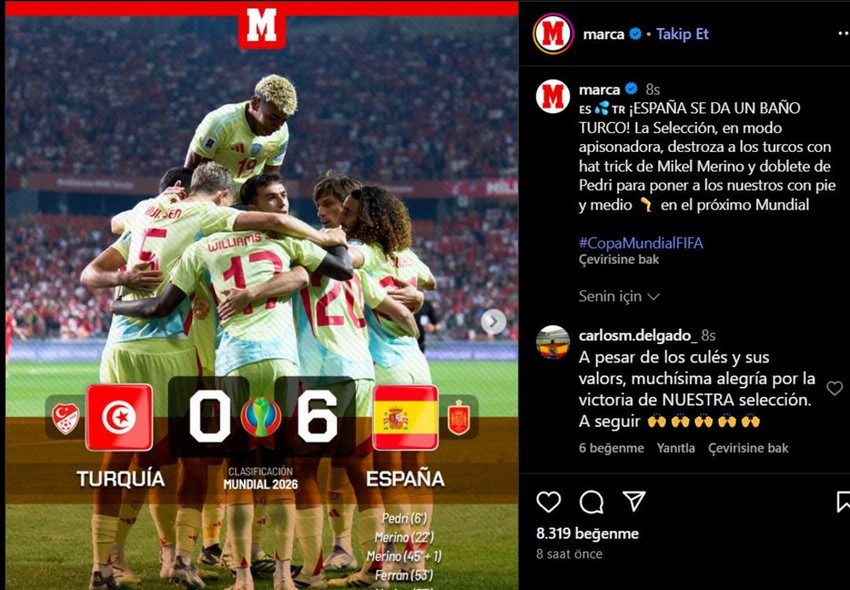 A Milli Takımımız 2026 Dünya Kupası elemelerinde dün akşam Konya'da ağırladığı İspanya Milli Takımı'na 6-0'lık tarihi bir farkla mağlup olarak büyük bir şok yaşatırken, İspanyol basınından skandal bir paylaşım geldi.