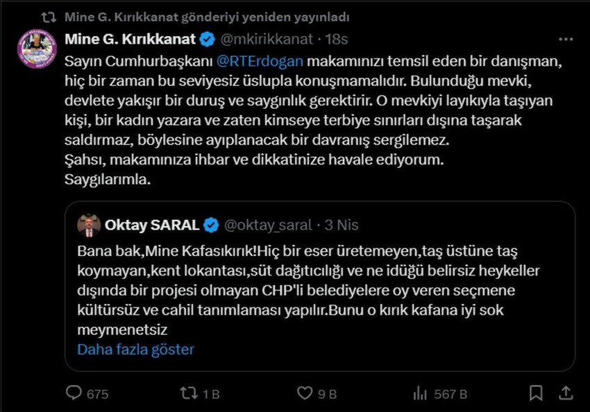 Cumhurbaşkanı Başdanışmanı Oktay Saral, sosyal medya hesabından yaptığı paylaşımda, hem yazar Mine Kırıkkanat'ı hem de CHP seçmenini hedef aldı.