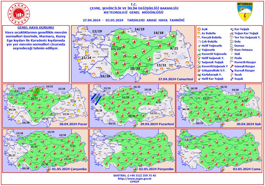 27 Nisan - 3 Mayıs tarihleri arası hava durumu tahmin haritaları
