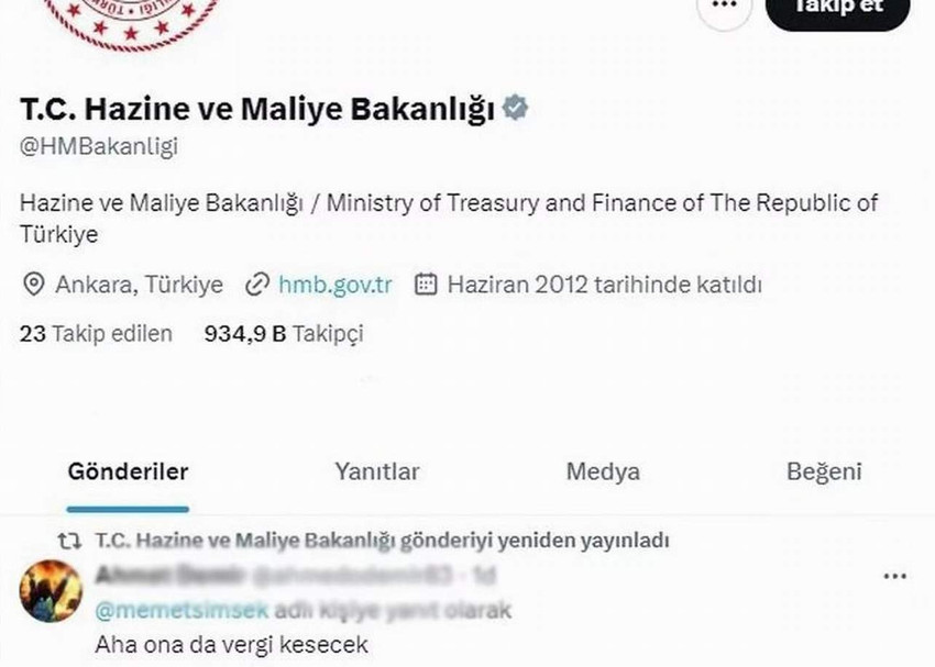 X sosyal medya platformunda Hazine ve Maliye Bakanlığı'nın resmi hesabı bir kullanıcının yaptığı 