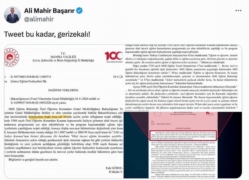 CHP'li Ali Mahir Başarır, belediyelerin kreşleriyle ilgili olarak Milli Eğitim Bakanlığı'nın gönderdiği yazı için "yazıda kreşlerle alakalı hiçbir ifade yok" diyen AK Partili Mustafa Varank'a verdiği yanıtta, o yazıyı paylaşarak "Tweet bu kadar, gerizekalı!" dedi.