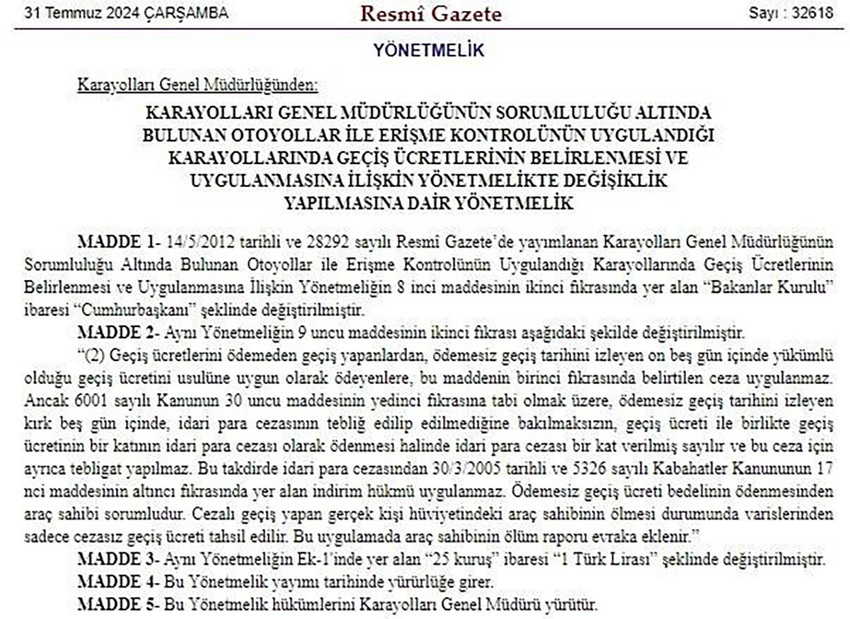 Otoyol ücretini ödemeyenler için yeni düzenleme: Resmi Gazete'de yayımlandı - Resim : 1