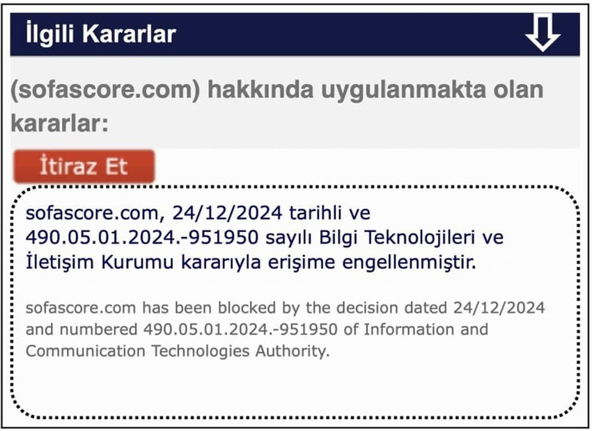 Bilgi Teknolojileri ve İletişim Kurumu, spor istatistikleri ve sonuçlarının takip edildiği Sofascore’a erişim engeli getirdi.