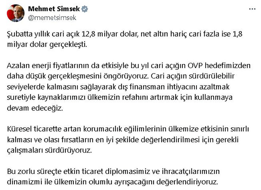 Hazine ve Maliye Bakanı Mehmet Şimşek, ''Azalan enerji fiyatlarının da etkisiyle bu yıl cari açığın OVP (Orta Vadeli Program) hedefimizden daha düşük gerçekleşmesini öngörüyoruz'' dedi.