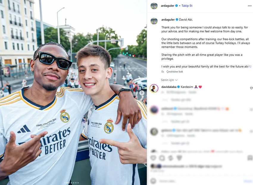 Real Madrid, 5 sezonda 11 kupa kazanan 33 yaşındaki tecrübeli yıldızı David Alaba ile sezon sonu yollarını ayırıyor. Takımdaki en yakın dostlarından biri olan Arda Güler, Alaba'ya "Seninle sahayı paylaşmak ayrıcalıktı David Abi" sözleriyle veda ederken, Avusturyalı yıldızdan "Kardeşim" yanıtı geldi.