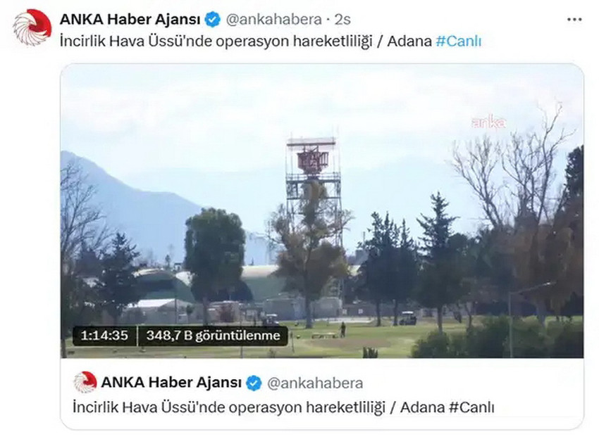 Adana Cumhuriyet Başsavcılığı, İncirlik Hava &Uuml;ss&uuml;&rsquo;ndeki askeri hareketliliği canlı yayımlayan ANKA Haber Ajansı hakkında soruşturma başlattı. "İncirlik Hava &Uuml;ss&uuml;'nde operasyon hareketliliği" başlığıyla paylaşılan ve yaklaşık 90 dakika s&uuml;ren yayın, stratejik bilgilerin ifşası kapsamında incelemeye alındı.