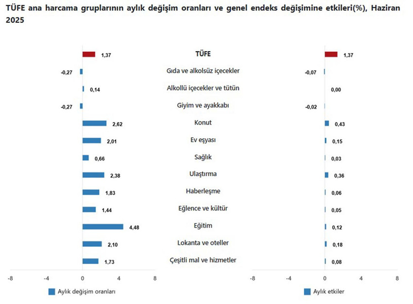 TÜFE ana harcama gruplarının aylık değişim oranları ve genel endeks değişimine etkileri(%), Haziran 2025