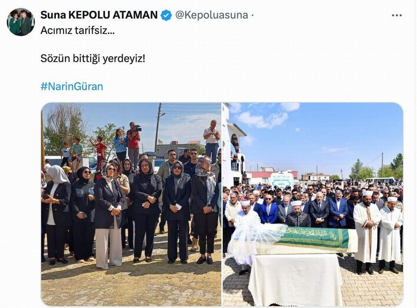 Batıkarakoç köyünde kılınan cenaze namazı sonrasında köydeki kadınlarla hatıra fotoğrafı çektiren AKP'li vekil Ataman o anları sosyal medya hesabından #NarinGüran etiketiyle 