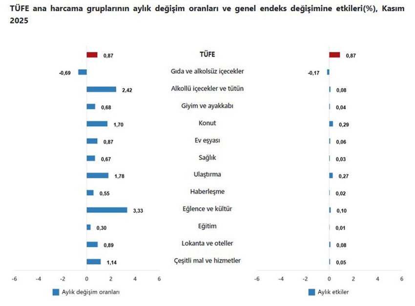 TÜFE ana harcama gruplarının aylık değişim oranları ve genel endeks değişimine etkileri(%), Kasım 2025