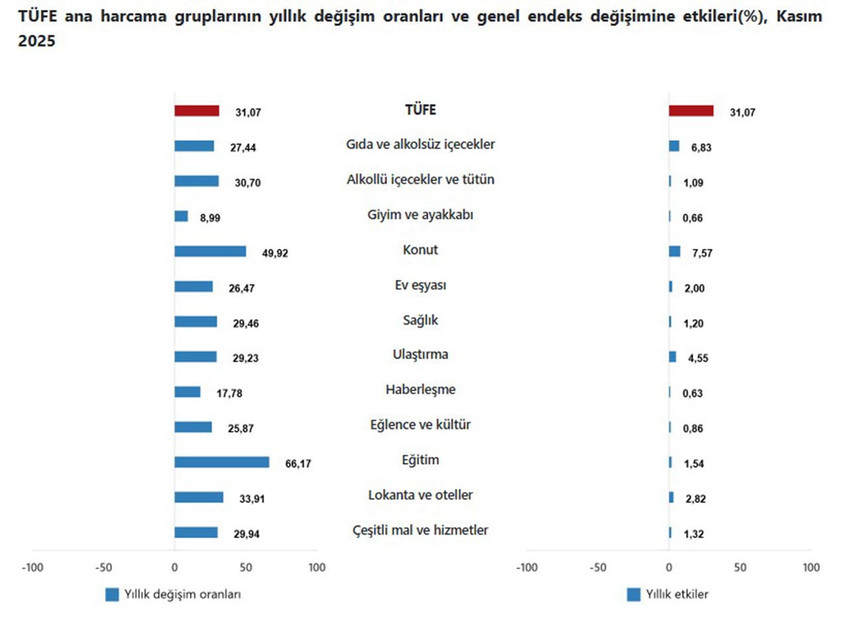 TÜFE ana harcama gruplarının yıllık değişim oranları ve genel endeks değişimine etkileri(%), Kasım 2025