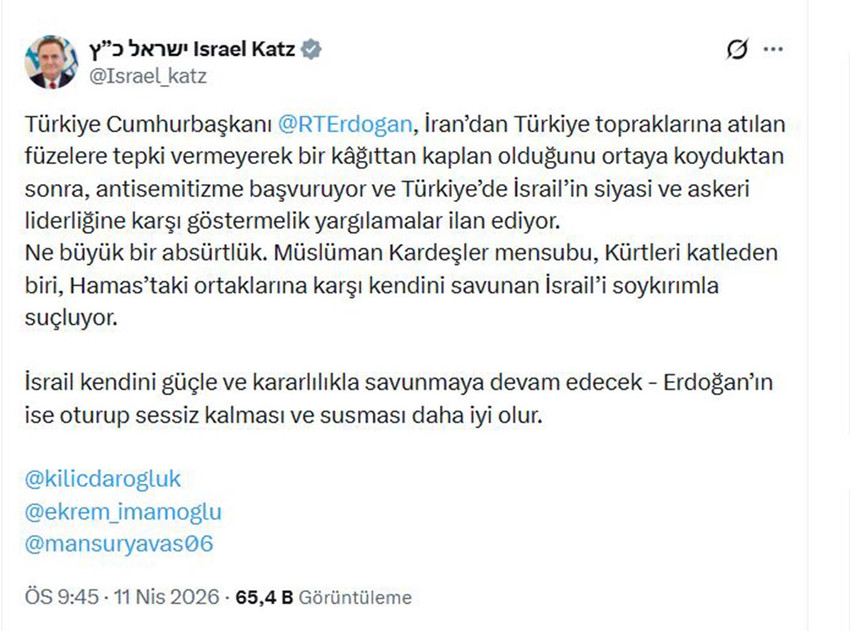 Ankara Büyükşehir Belediye Başkanı Mansur Yavaş, İsrail Savunma Bakanı Israel Katz’ın Cumhurbaşkanı Erdoğan’ı hedef alan hakaret içerikli paylaşımına sert bir yanıt verdi. Yavaş, ''Soykırımın gölgesinde konuşanların nutuk atmaya hakkı yoktur. Önce işlediğiniz savaş suçlarının hesabını verin'' dedi.