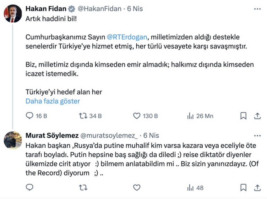 Dışişleri Bakanı Hakan Fidan'ın CHP lideri Özel'i hedef alarak yaptığı paylaşımına sosyal medyadan yanıt veren TRT Haber muhabiri Murat Söylemez, 
