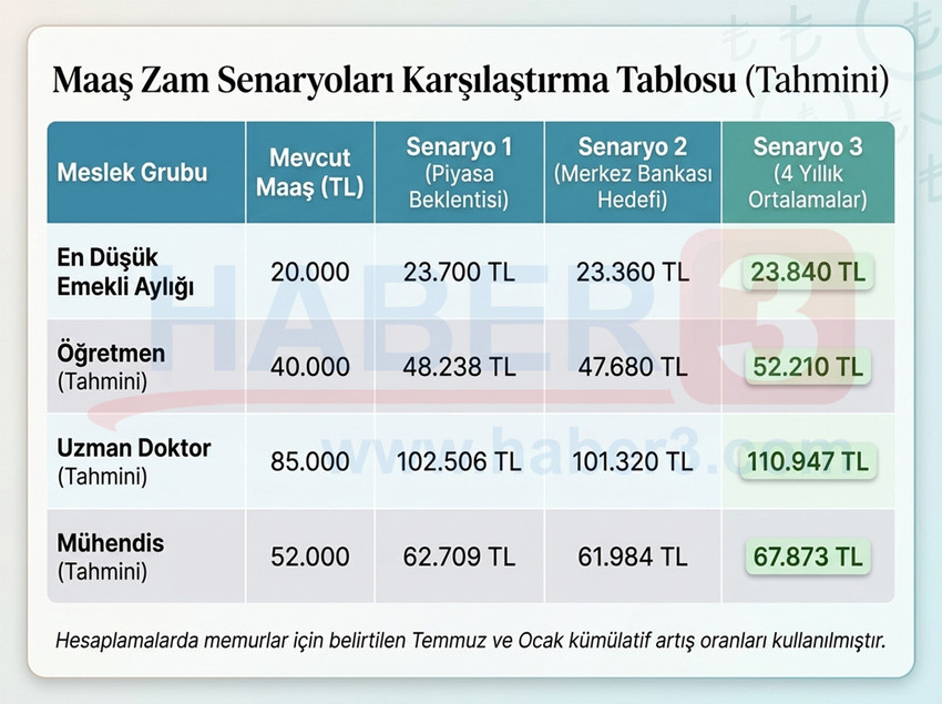 Merkez Bankası'nın 2026 enflasyon tahminini %26'ya y&uuml;kseltmesiyle milyonlarca emekli ve memurun maaş zam hesabı değişti. Temmuz ve Ocak aylarında yapılacak zamlar i&ccedil;in masada &uuml;&ccedil; farklı senaryo var. En d&uuml;ş&uuml;k emekli aylığı 23 bin TL bandını aşacak mı? SSK, Bağ-Kur ve memur emeklilerini bekleyen yeni oranların t&uuml;m detayları haberimizde.