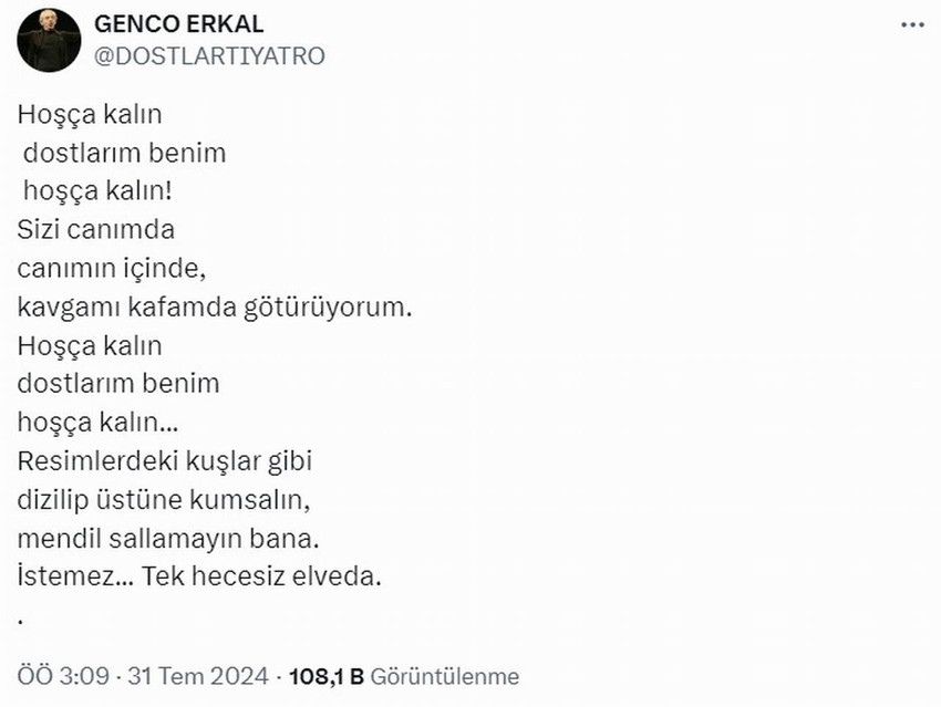 Usta tiyatrocu ve sinema oyuncusu Genco Erkal, kan kanseri nedeniyle hayata veda etti. 