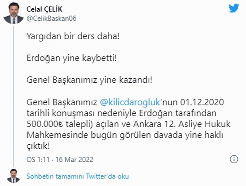 Yargıdan bir ders daha! Erdoğan yine kaybetti! Genel Başkanımız yine kazandı