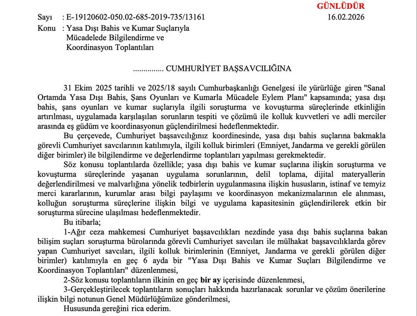 Adalet Bakanı Akın G&uuml;rlek, ''Biz bu işin k&ouml;k&uuml;n&uuml; kazıyacağız'' dediği yasa dışı bahis ve sanal kumarla m&uuml;cadele i&ccedil;in d&uuml;ğmeye bastı. Bakan G&uuml;rlek, 81 ilin Cumhuriyet başsavcılıklarına genelge g&ouml;ndererek s&uuml;recin hızlandırılması talimatını verdi.