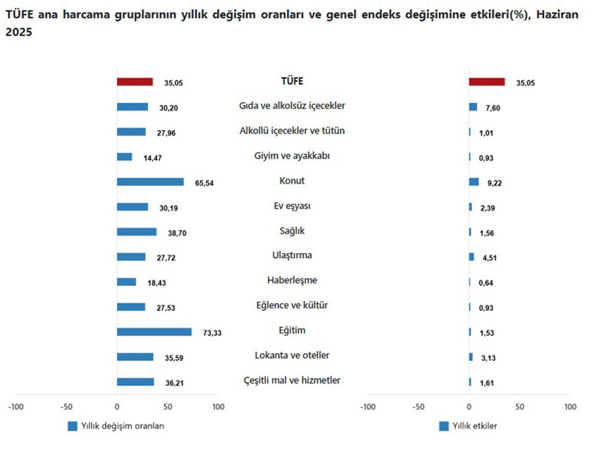 TÜFE ana harcama gruplarının yıllık değişim oranları ve genel endeks değişimine etkileri(%), Haziran 2025
