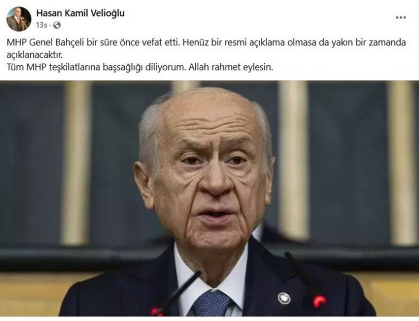 MHP lideri Bahçeli'nin yaşamını yitirdiğini öne süren ve partisi tarafından görevden alınan Gelecek Partisi'nin eski Trabzon İl Başkanı Hasan Kamil Velioğlu, gözaltına alındı. 