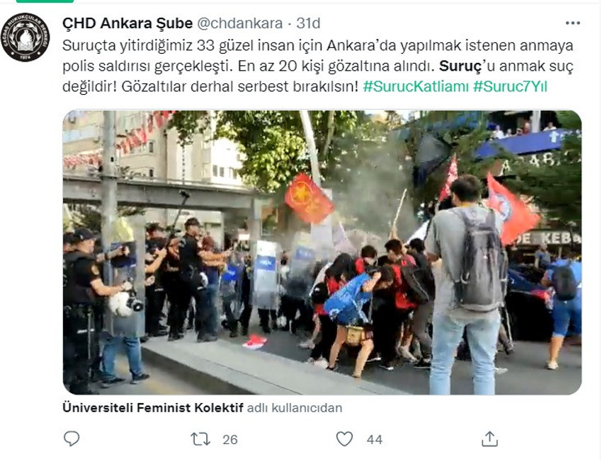 Ankara ve İzmir'de Suruç anmasına polis müdahalesi: 20 gözaltı - Resim : 1