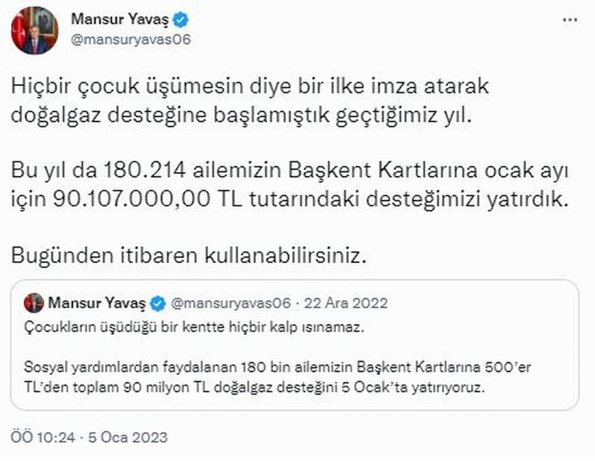 Mansur Yavaş bir sözünü daha tuttu: ''180 bin aileye doğal gaz desteği ödemesi yapıldı''