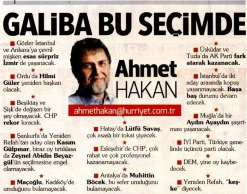 İktidara yakınlığıyla bilinen gazeteci Ahmet Hakan'ın seçim tahminleri gündem oldu. Hakan'ın yazısındaki 14 tahminin 12'si tutmadı.