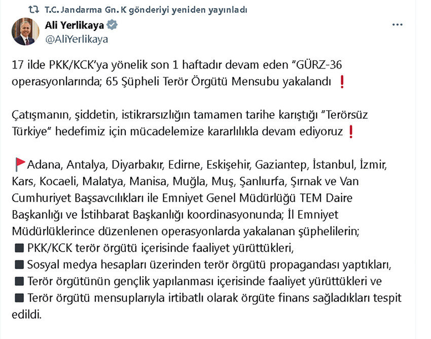 İçişleri Bakanı Ali Yerlikaya, 17 ilde PKK'ya yönelik operasyonda 65 şüphelinin yakalandığını duyurdu. 