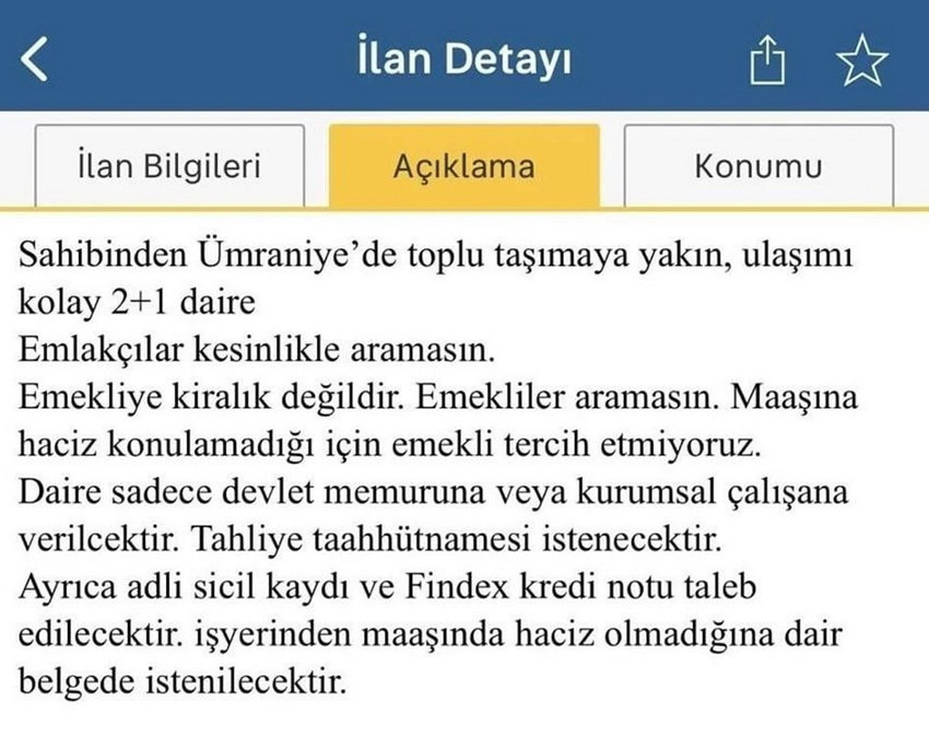Türkiye'de kiralık konut fiyatlarında fahiş fiyat krizinden barınma krizine dönüşen çıkmazda kiracılar kara kara düşünürken internetin ünlü satılık/kiralık ilan sitesinde yer alan 