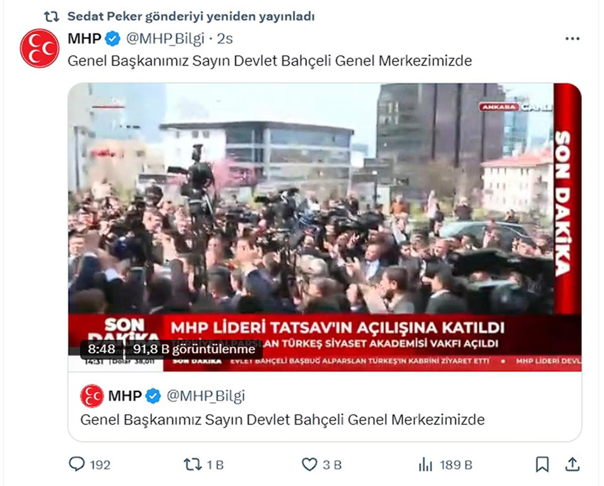 MHP Genel Başkanı Devlet Bahçeli uzun bir aradan sonra mesaiye başladı. Sosyal medyanın gündemine oturan gelişmeyle ilgili olarak Sedat Peker'in sosyal medya hesabından yaptığı paylaşımlar dikkat çekti. 