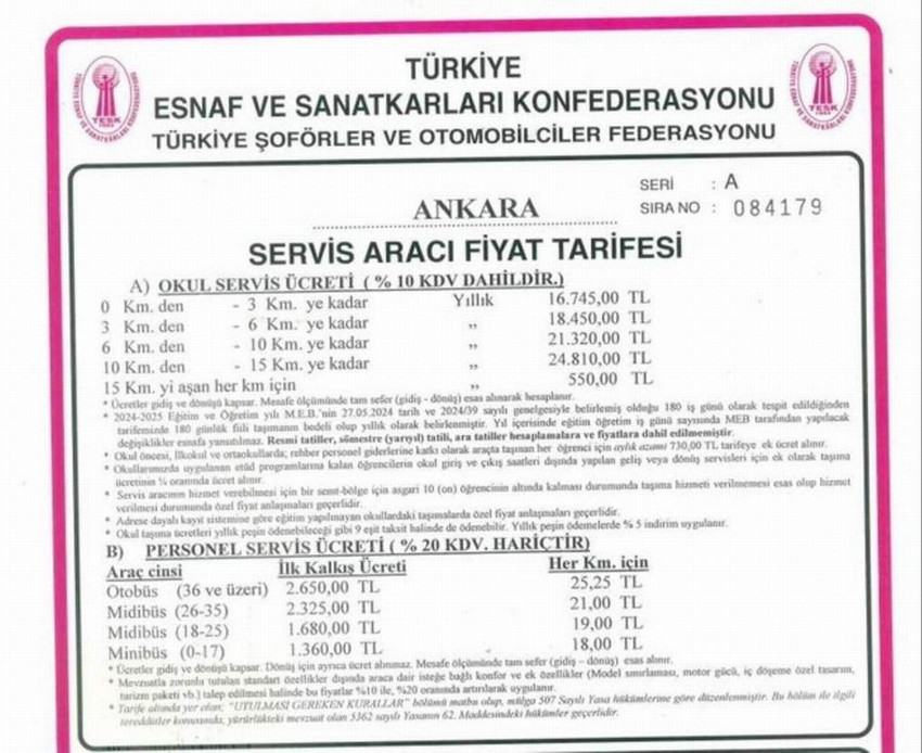 Ankara'da okul servis ücretlerine yüzde 40 zam yapıldı. Zamla birlikte Ankara'da en kısa mesafe ücreti 17 bin TL'ye, en uzun mesafe ücreti ise 25 bin TL'ye dayandı.