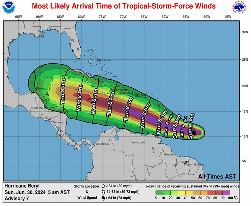 ABD Ulusal Kasırga Merkezi, kategori 4 seviyesinde olan Beryl Kasırgası'nın Karayipler'e doğru ilerlediğini açıkladı