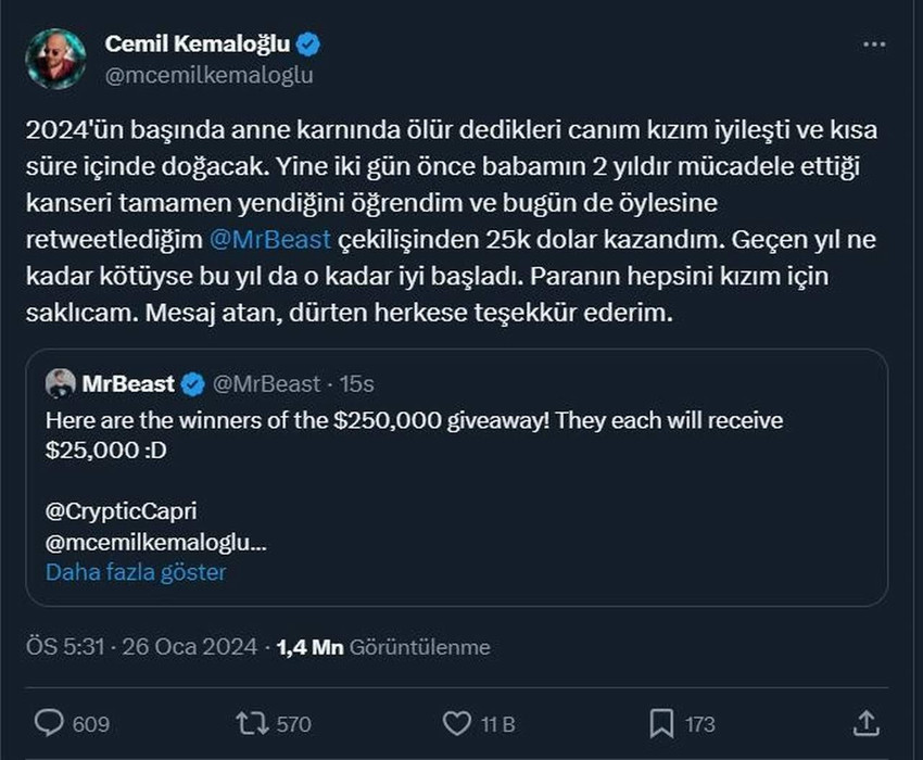 Sosyal medyada yayınladığı videolarla bir fenomene dönüşen dünyaca ünlü YouTuber Mr. Beast'in 25 bin dolarlık çekilişini bir Türk kazandı