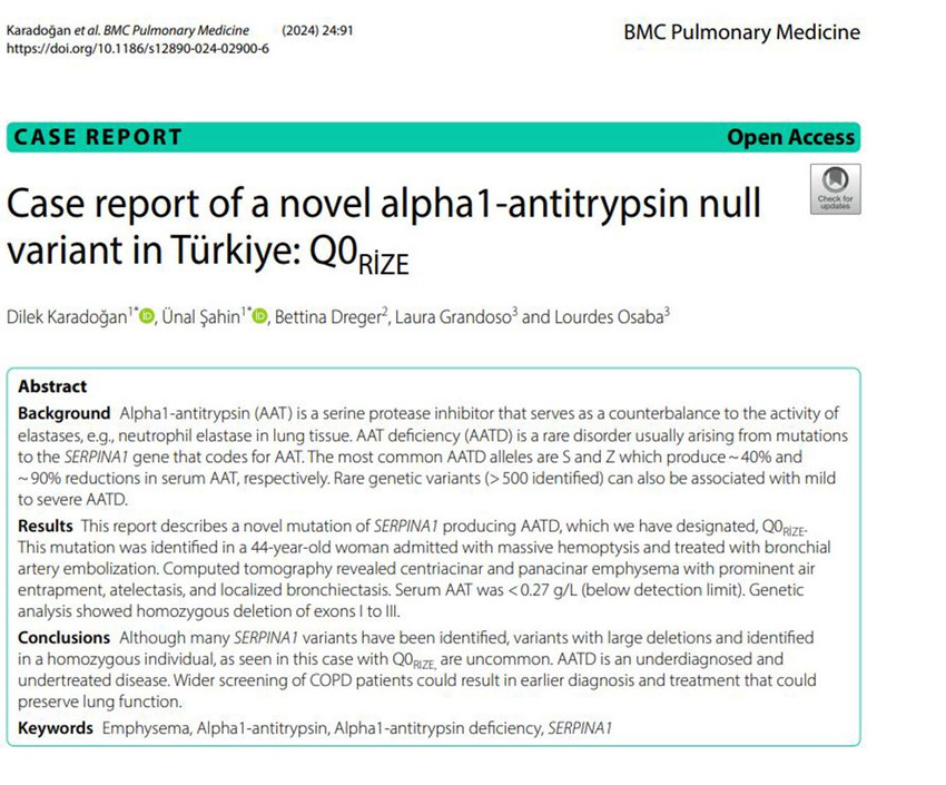 Rize'de astım şikayetiyle hastaneye başvuran hastaya yapılan tetkiklerde, Kronik Obstrüktif Akciğer Hastalığı'na (KOAH) ait farklı mutasyon fark edildi. Yeni mutasyona 'Q0 RİZE' adını veren Doç. Dr. Dilek Karadoğan'ın genetik çalışması, tıp dergisinde de yayımlandı.