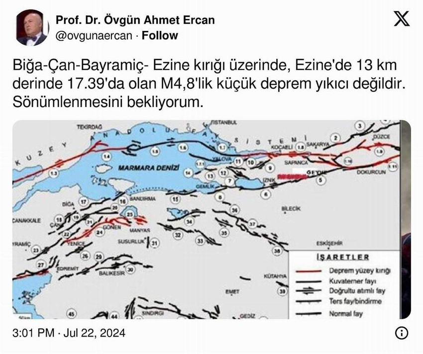 Çanakkale'de dün ve bugün meydana gelen depremler büyük korkuya yol açarken Prof. Dr. Övgün Ahmet Ercan'dan dikkat çeken bir açıklama geldi.