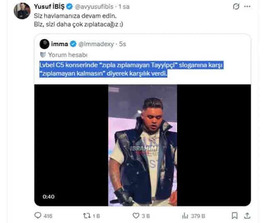 &Uuml;nl&uuml; rap&ccedil;i Lvbel C5'in konserinde atılan "Zıplamayan Tayyip&ccedil;i olsun" sloganları ortalığı karıştırdı. AK Parti Gen&ccedil;lik Kolları Başkanı Yusuf İbiş'in "Sizi daha &ccedil;ok zıplatacağız" &ccedil;ıkışının ardından Lvbel C5 cephesinden de bir a&ccedil;ıklama geldi.