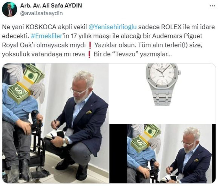 562 bin TL'lik Rolex saatiyle gündeme gelen AK Parti Grup Başkanvekili ve Manisa Milletvekili Bahadır Yenişehirlioğlu, bu kez de yaklaşık 2 milyon lira değerindeki Audemars Piguet Royal Oak saatiyle görüntülendi. 