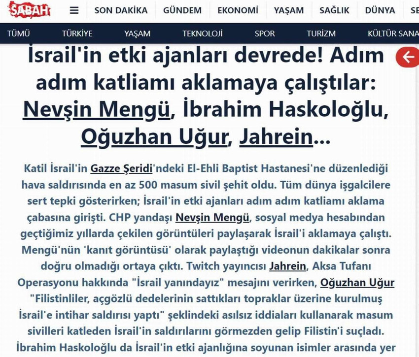 AK Parti iktidarına yakınlığıyla bilinen Sabah gazetesi, Nevşin Mengü, İbrahim Haskoloğlu, Jahrein ve Oğuzhan Uğur'u açık açık hedef gösterip hepsini İsrail ajanı olmakla suçladı.
