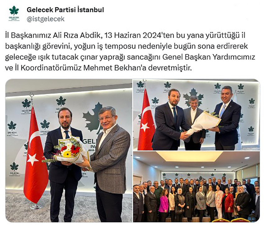 İBB Başkanı Ekrem İmamoğlu'na destek olmak için adliyeye giden Gelecek Partisi İstanbul İl Başkanı Ali Rıza Abdik'in, Davutoğlu tarafından görevden alındığı öne sürüldü. 