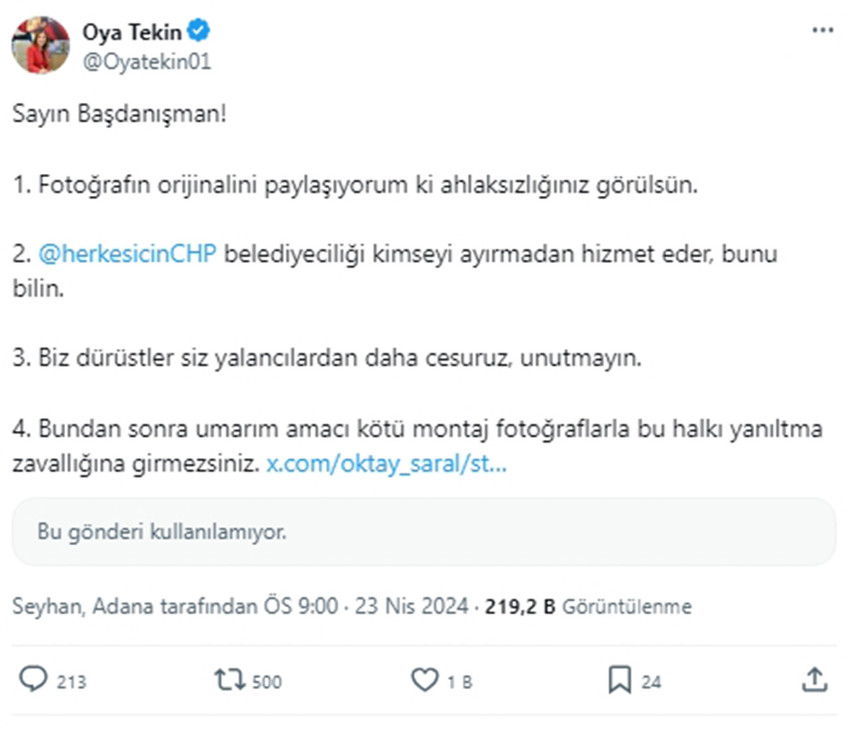 Cumhurbaşkanı Erdoğan'ın Başdanışmanı Oktay Saral sosyal medya üzerinden paylaştığı bir fotoğraf gündeme bomba gibi düştü. CHP'lilerin eli kanlı bölücü terör örgütünün bebek katili elebaşısının fotoğrafı önünde gösteren montaj fotoğrafa tepki yağdı, Saral paylaşımını tepkiler sonrasında apar topar sildi.