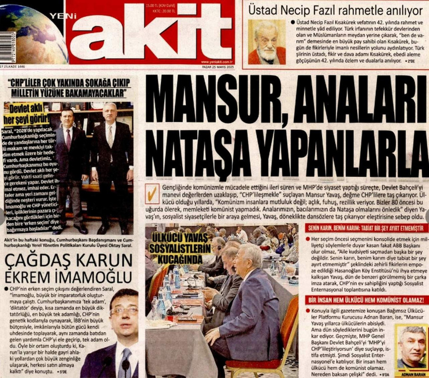AK Parti iktidarına olan yakınlığıyla bilinen Yeni Akit gazetesi bu sefer de Ankara Büyükşehir Belediye Başkanı Mansur Yavaş'ı hedef alırken manşetinde skandal ifadelere yer verdi...