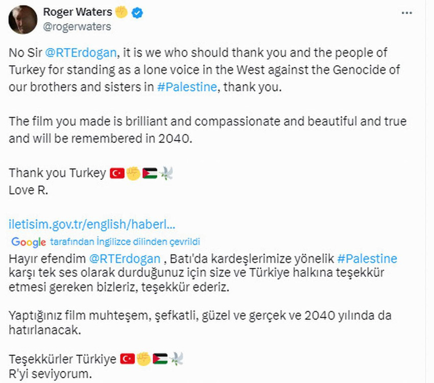 Pink Floyd'un kurucularından Roger Waters, Cumhurbaşkanı Erdoğan'ın Gazze ile ilgili kısa film paylaşımına yanıt vererek, Erdoğan ve Türk halkına teşekkür etti.