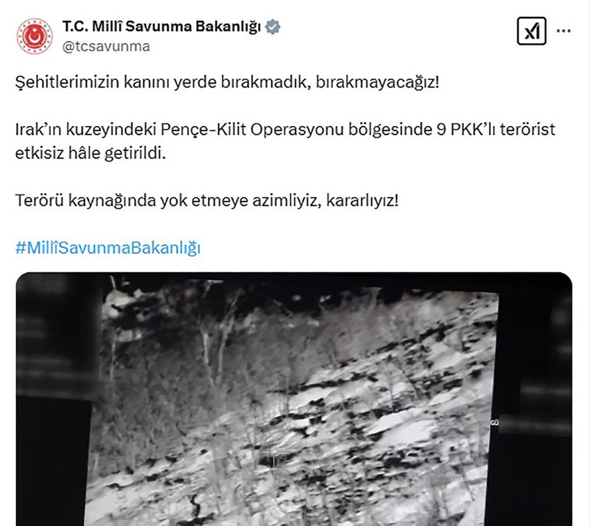 Milli Savunma Bakanlığı, Irak'ın kuzeyinde 9 PKK'lı teröristin etkisiz hale getirildiğini duyurdu. 