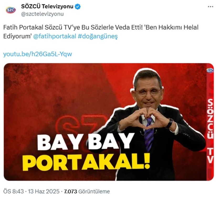Sözcü TV Ana Haber sunucusu Fatih Portakal, ekranlara veda etti. Portakal sosyal medya hesabından yaptığı paylaşımda, ''Yine noktayı koyma zamanı. İyi başladım iyi bitirdim.'' ifadelerini kullandı. 
