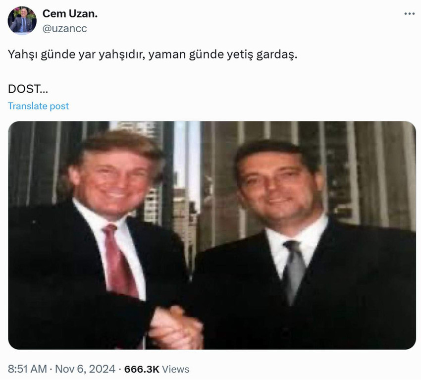 ABD’de Başkanlık seçimi Trump’ın zaferiyle sonuçlandı. Cem Uzan ise Trump’ı sosyal medyada ‘Gibi’ dizisinde meşhur olan sözle kutladı.