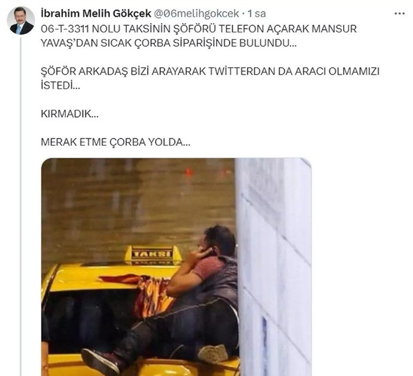 Ankara'nın eski belediye başkanı Melih Gökçek, Mansur Yavaş'ı hedef almak isterken bir kez daha baltayı taşa vurdu. Gökçek'in Yavaş'ı suçlayarak paylaştığı sel fotoğrafı kendi dönemine ait çıktı