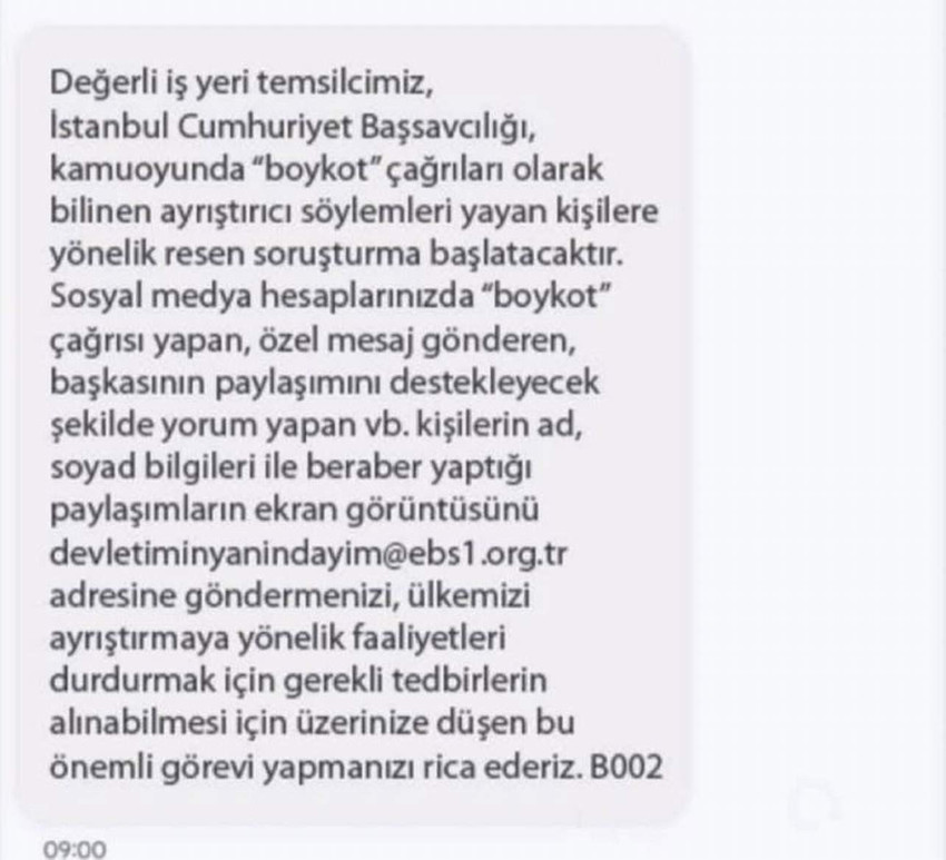 AK Parti iktidarına yakınlığıyla bilinen yakın Eğitimciler Birliği Sendikası (Eğitim-Bir-Sen), Türkiye genelinde bugün yapılan ekonomik boykot eylemine katılanları kendilerine bildirmeleri için üyelerine çağrıda bulundu.