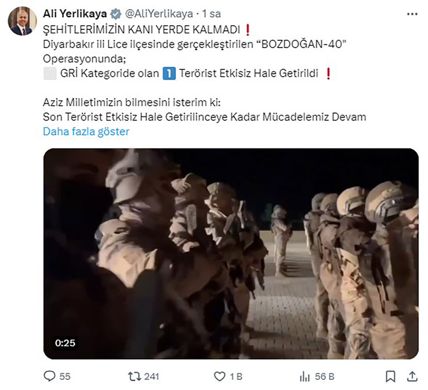 İçişleri Bakanı Ali Yerlikaya, Diyarbakır Lice'de yürütülen ''Bozoğan-40'' operasyonunda, gri listede aranan 6 terör eyleminin faili Mehmet Yıldırım'ın etkisiz hale getirildiğini duyurdu.