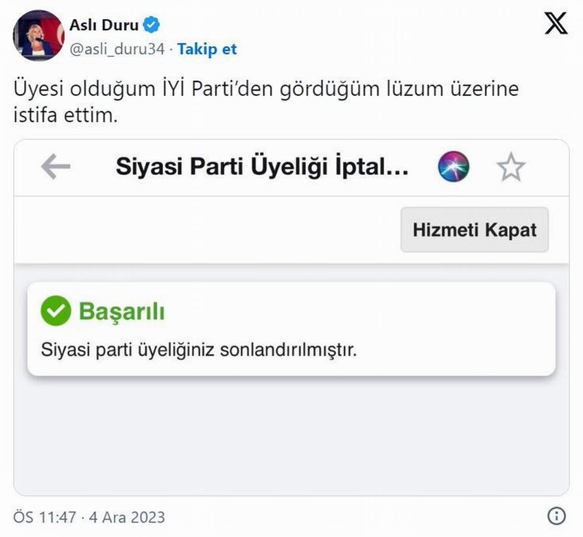 İYİ Parti İstanbul Medya Başkanı Aslı Duru, partisinden istifa ettiğini duyurdu.